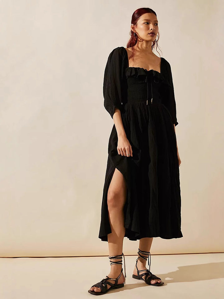 Women’s Midi Dress – Square Neck – Puff Sleeve – Tie Front – Side Slit – Textured Fabric