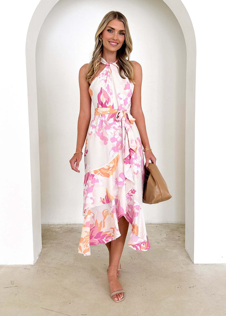 Women’s Midi Dress - Halter Neck - Sleeveless - Belted Waist - High-Low Hem - Slim Fit