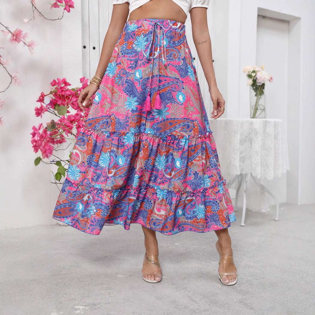 Women’s Maxi Skirt - Cotton Blend - Tiered Boho Fit - Fringe Waist - Flowing Silhouette