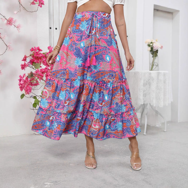 Women’s Maxi Skirt - Cotton Blend - Tiered Boho Fit - Fringe Waist - Flowing Silhouette