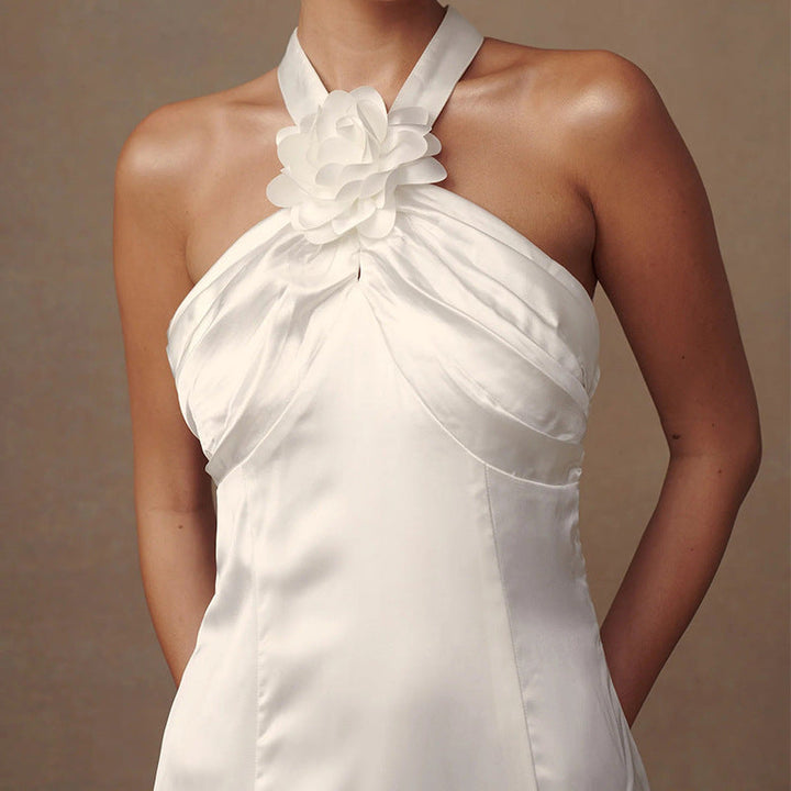 Women’s Evening Gown – Satin Finish – Halter Neck – Floral Detail – Floor Length Fit