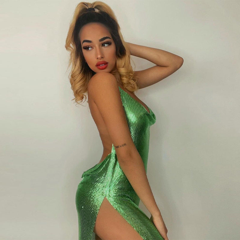Women’s Mini Dress – Halter Neck – Slim Fit – Sleeveless – Shimmer Finish – Side Slit