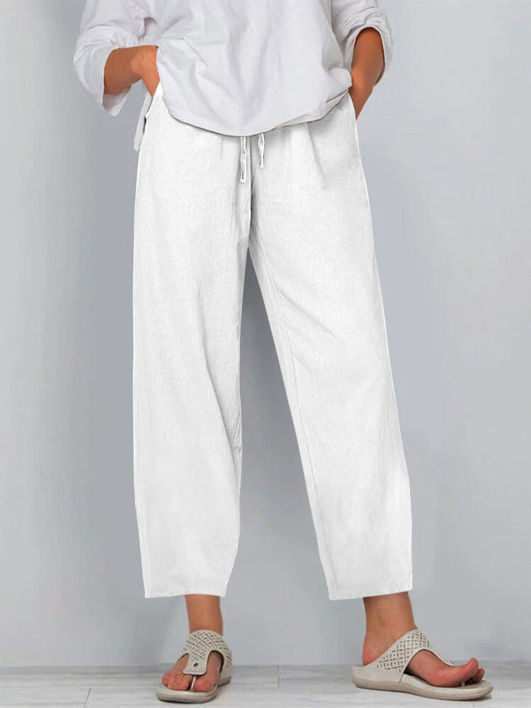 Women’s Wide-Leg Pants – Cotton Linen – Relaxed Fit – Elastic Waist with Drawstring – Full Length