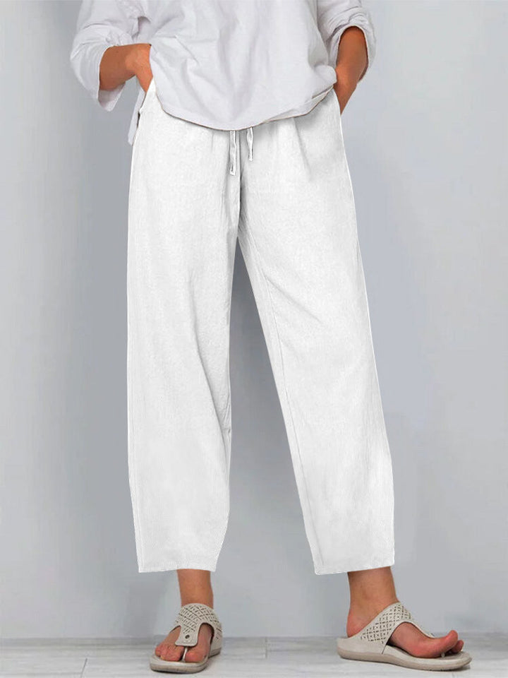 Women’s Wide-Leg Pants – Cotton Linen – Relaxed Fit – Elastic Waist with Drawstring – Full Length