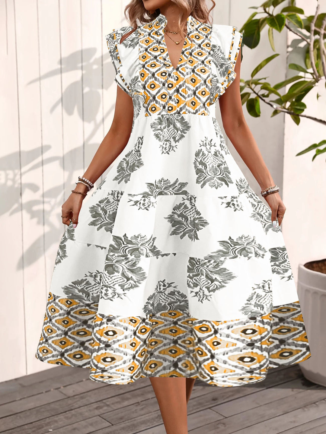 Women’s Midi Dress – A-Line Fit – Stand Collar – Flying Sleeves – Cotton Feel – Floral Pattern