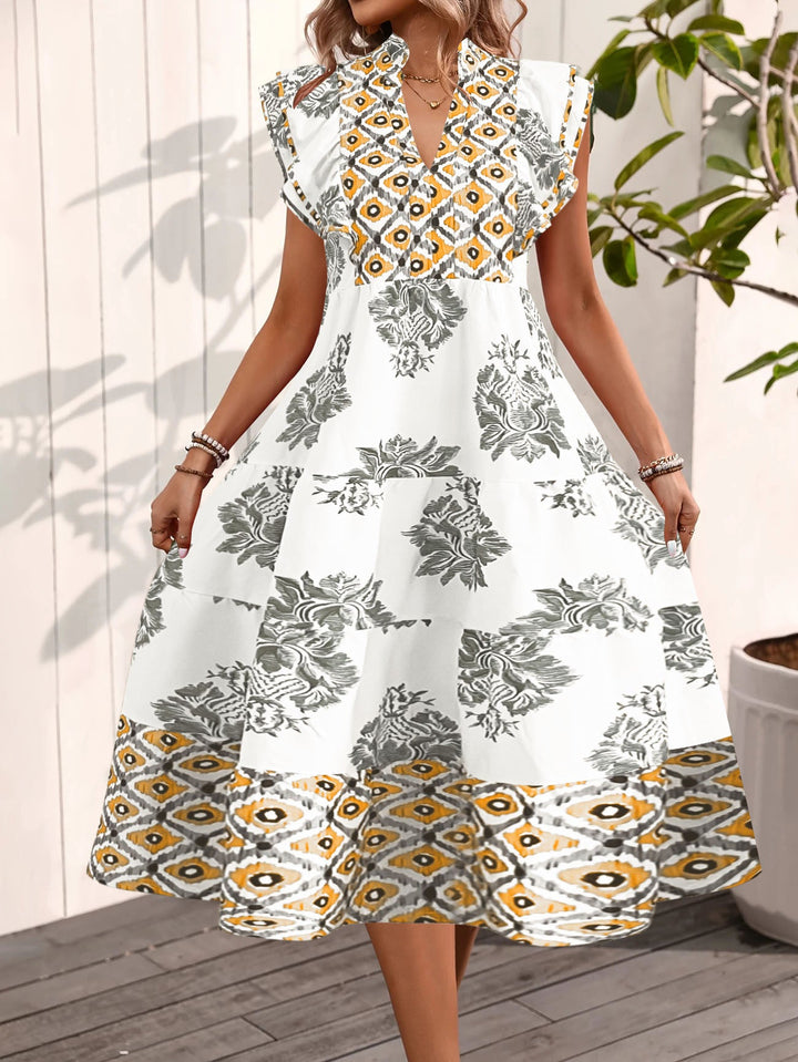 Women’s Midi Dress – A-Line Fit – Stand Collar – Flying Sleeves – Cotton Feel – Floral Pattern