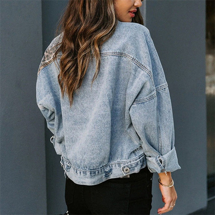 Women’s Denim Jacket – Relaxed Fit – Leopard Print Panels – Button Front – Hip Length