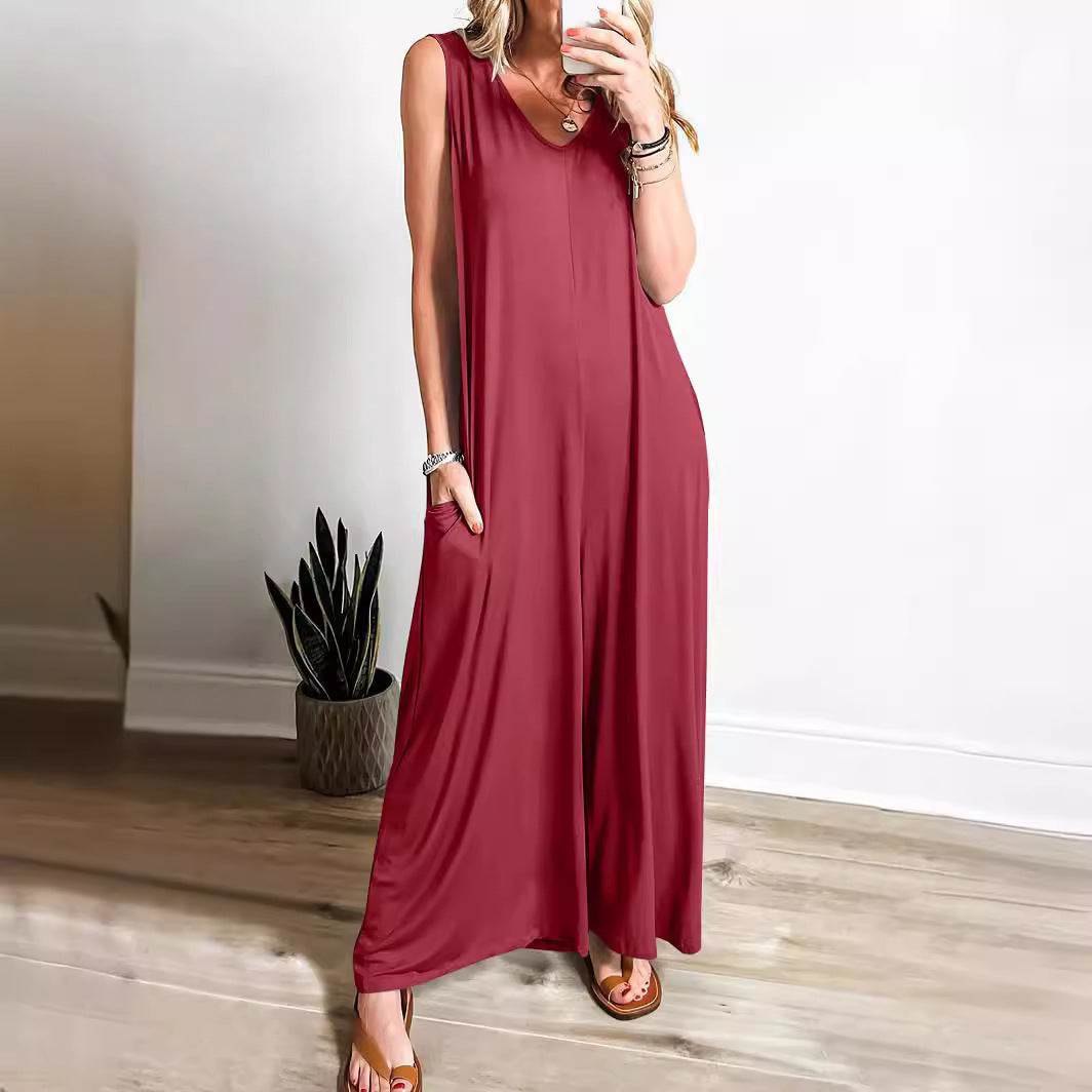 Women’s Maxi Dress – Soft Knit – Flowing Fit – Sleeveless V-Neck with Side Pockets