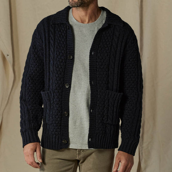 Men’s Cardigan – Relaxed Fit – Soft Cable Knit – Collared – Button Front – Pockets