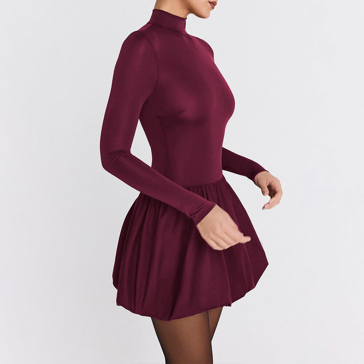 Women’s A-Line Dress – High Neck – Long Sleeve – Balloon Skirt – Slim Fit Bodice