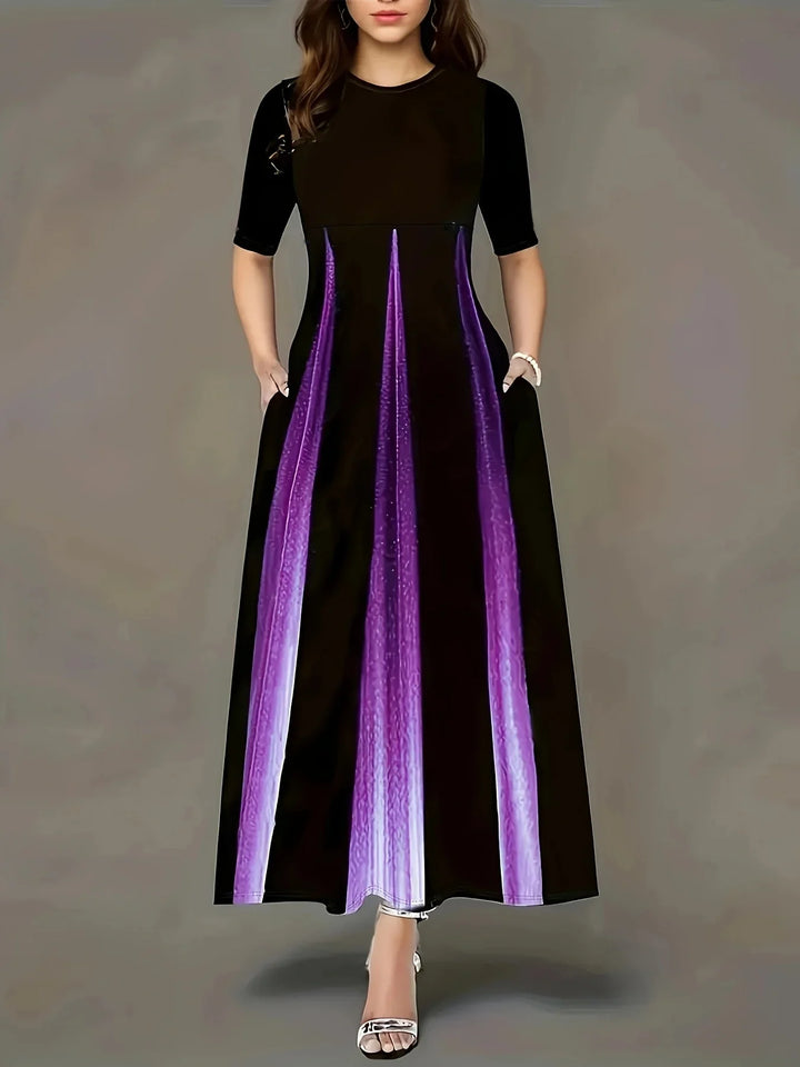 Women’s Maxi Dress – Flowing Fit – Pleated Skirt – Short Sleeve – Side Pockets