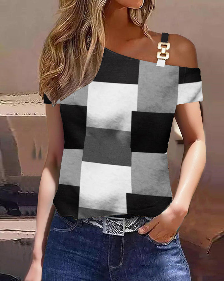 Women’s Short Sleeve Top - Relaxed Fit - One Shoulder - Cotton - Geometric Pattern
