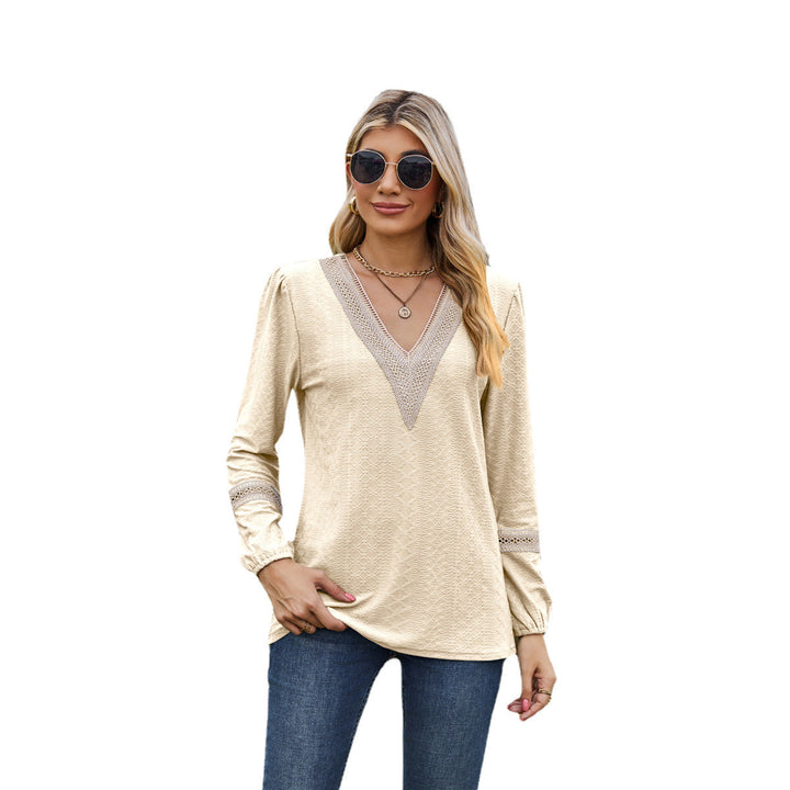 Women’s Long Sleeve T-Shirt – Loose Fit – V-Neck Lace Trim – Soft Breathable Knit