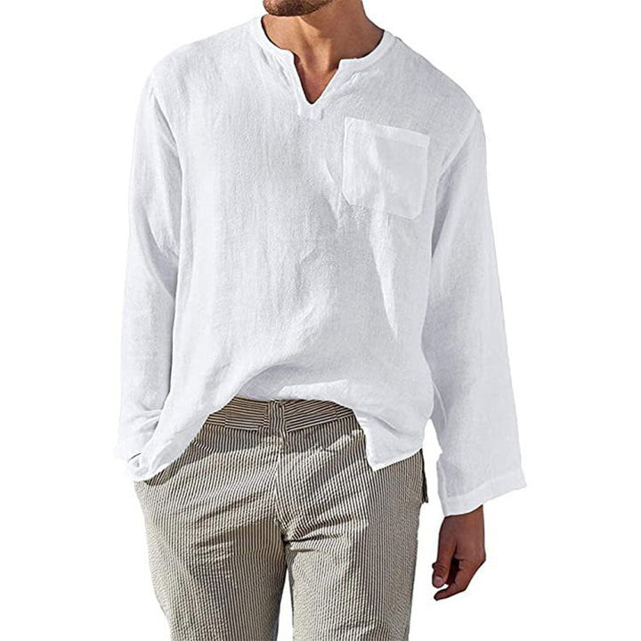 Men’s Long Sleeve Shirt - Linen Cotton Blend - Relaxed Fit - Band Collar Casual Wear