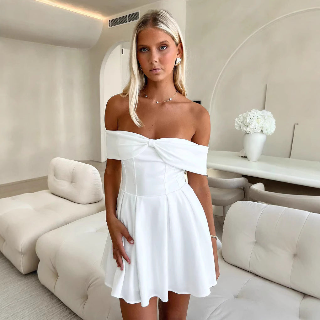 Women’s Off-Shoulder Dress – Fitted Bodice – A-Line Skirt – Short Flowy Silhouette