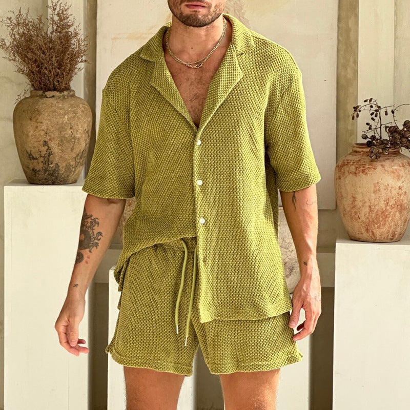 Men’s Shirt and Shorts Set - Short Sleeve Button-Up - Notched Collar - Elastic Waist Drawstring