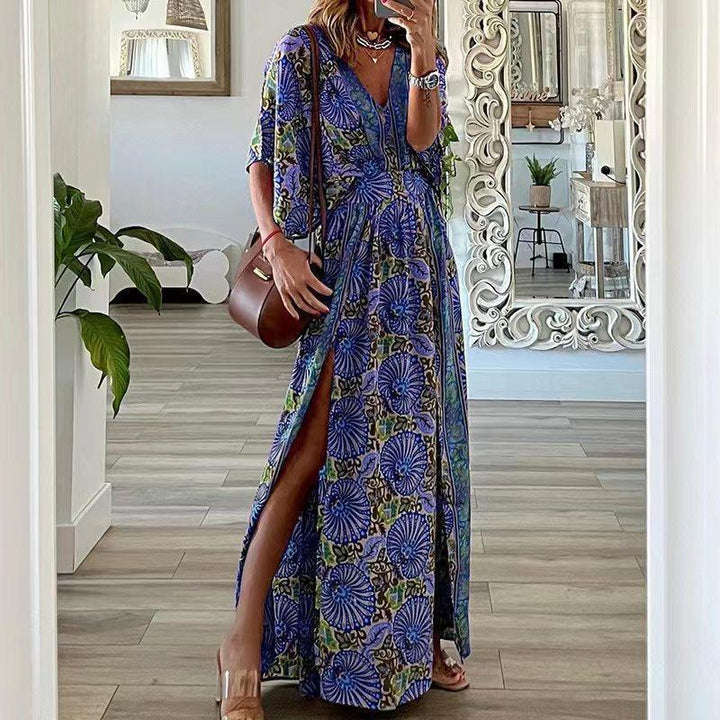 Women’s Long Dress – Bohemian Print – V-Neck – Short Sleeve – Relaxed Fit – Side Slit