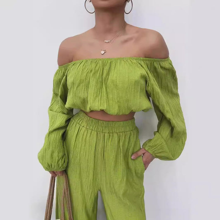 Women’s Two-Piece Set – Off-Shoulder Crop Top – Long Sleeve – High-Waist Wide-Leg Pants