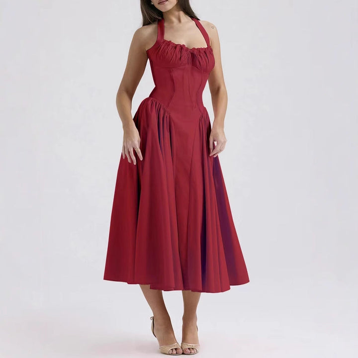 Women’s Halter Neck Dress – Satin Feel – Fitted Bodice – Gathered Bust – Midi A-Line Skirt