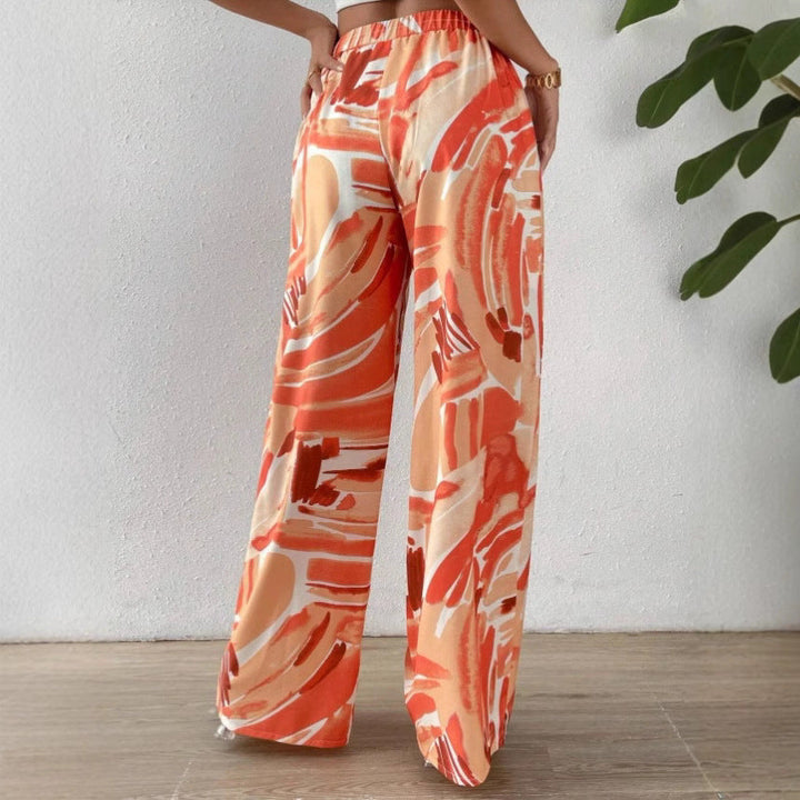 Women’s Wide-Leg Pants – Abstract Print – Drawstring Waist – Full Length – Relaxed Fit