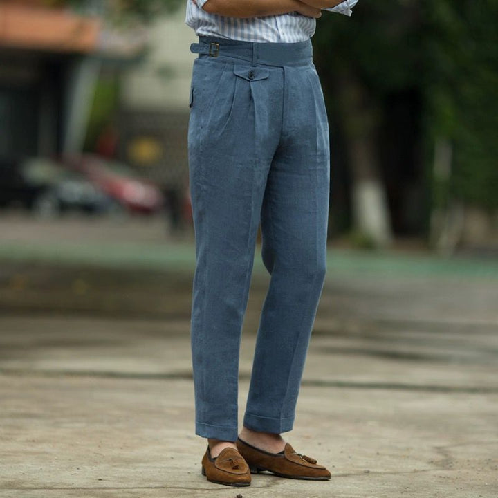 Men’s Tailored Trousers - Slim Fit - High Waist - Linen - Pleated Front - Cuffed Hem