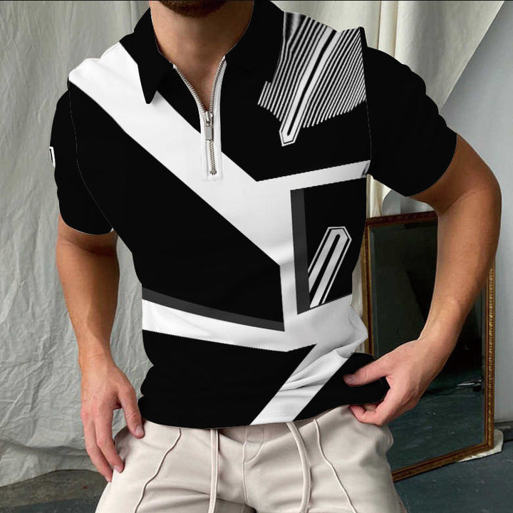 Men’s Polo Shirt – Slim Fit – Checkered Pattern – Zip Collar – Short Sleeve Casual – Cotton