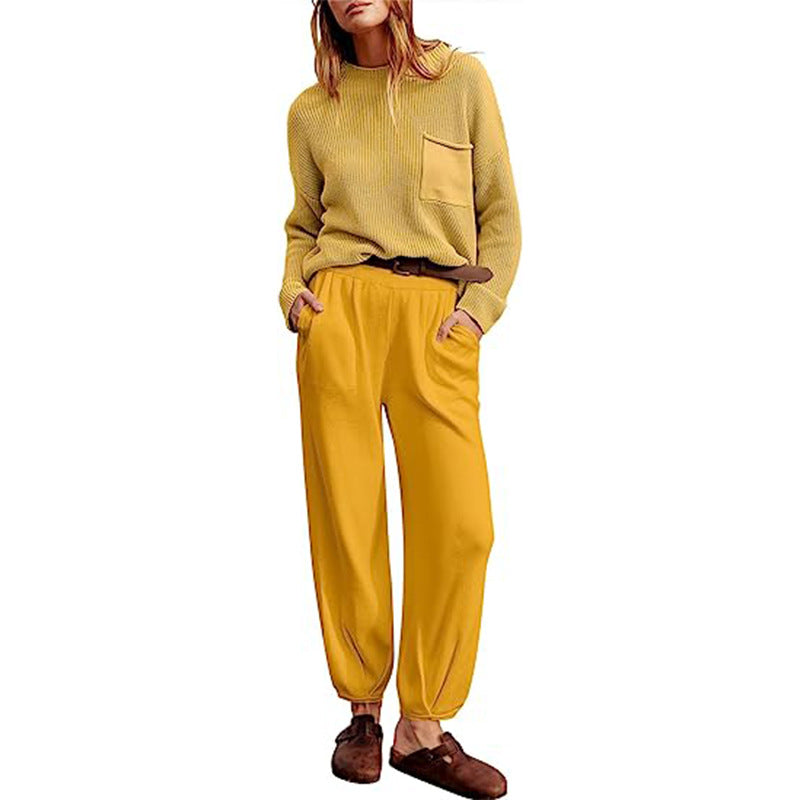Women’s Two-Piece Loungewear Set – Knitted Long Sleeve Top – Elastic Waist Jogger Pants