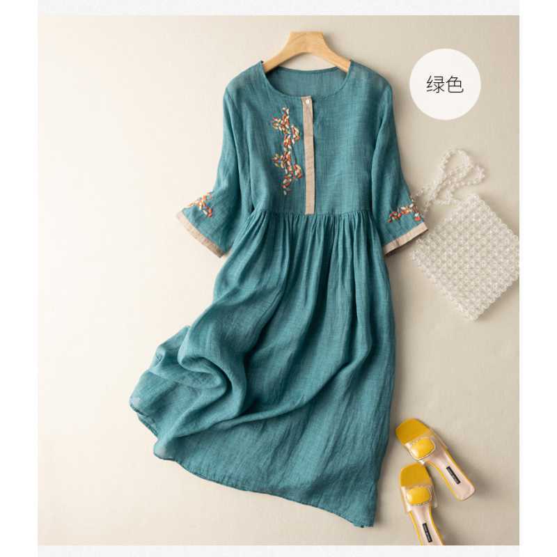 Women’s Midi Dress – Embroidered Cotton Linen – A-Line Fit – 3/4 Sleeve – Button Neckline