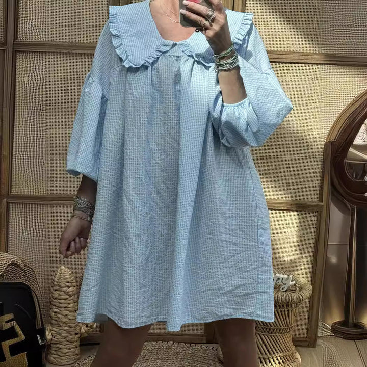 Women’s A-Line Dress - Checkered Cotton - Frilled Collar - Puff Sleeve Casual Fit