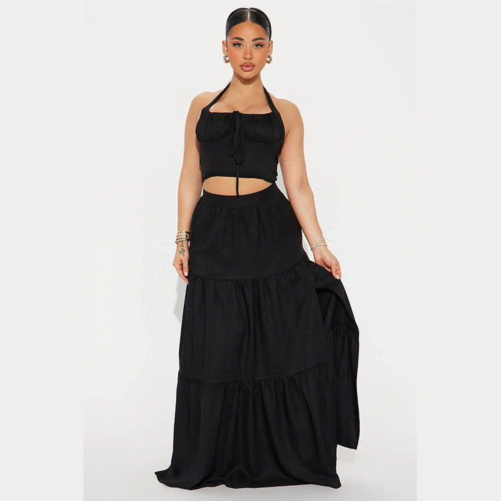 Women’s Two-Piece Set – Halter Crop Top – Tie Front – Tiered Maxi Skirt – Flowing Fit