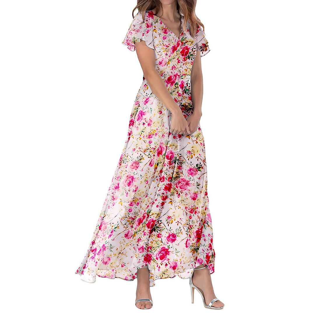 Women’s Maxi Dress - Flowy Fit - V-Neck - Flutter Sleeve - Soft Luxury Fabric - Floral Print