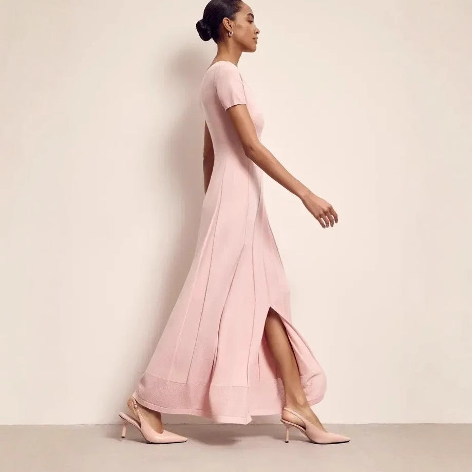 Women’s Maxi Dress - V-Neck - Short Sleeve - Fitted Bodice - Front Slit Flowing Hem