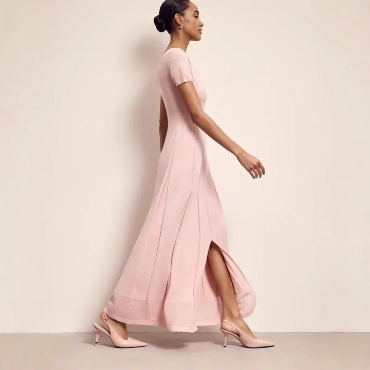 Women’s Maxi Dress - V-Neck - Short Sleeve - Fitted Bodice - Front Slit Flowing Hem