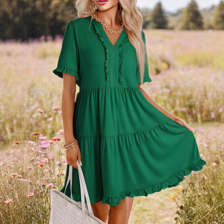 Women’s A-Line Dress – V-Neck – Ruffle Trim – Tiered Hem – Relaxed Fit – Short Sleeve