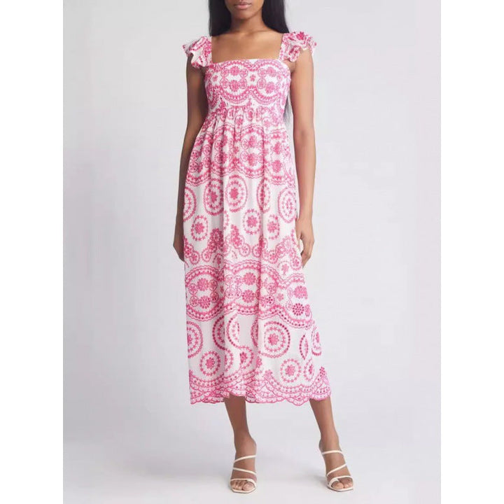 Women’s Midi Dress – Cotton A-Line – Square Neck – Ruffle Sleeve – Boho Pattern