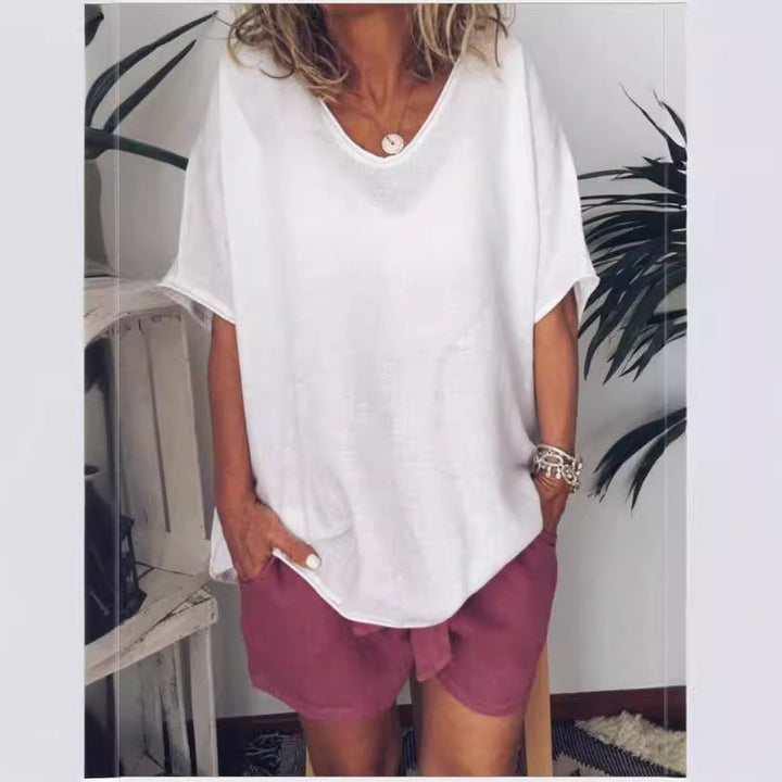 Women’s T-Shirt - Cotton Linen Blend - Relaxed Fit - V-Neck - Short Sleeve - Casual Top