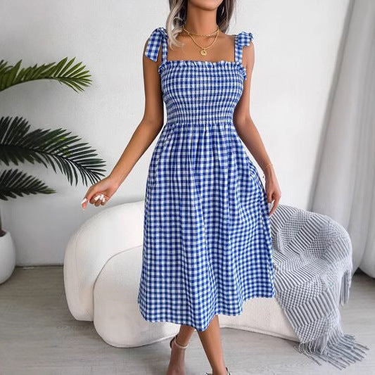 Women’s Midi Dress – Gingham Pattern – Smocked Bodice – Tie Strap – A-Line Fit