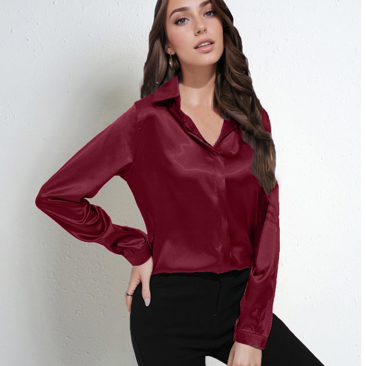 Women’s Blouse – Satin Fabric – Relaxed Fit – V-Neck – Long Sleeve – Button-Down