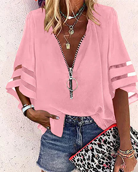 Women’s Zip-Up Blouse – Relaxed Fit – V-Neck – Elbow Sleeve – Breezy Fabric