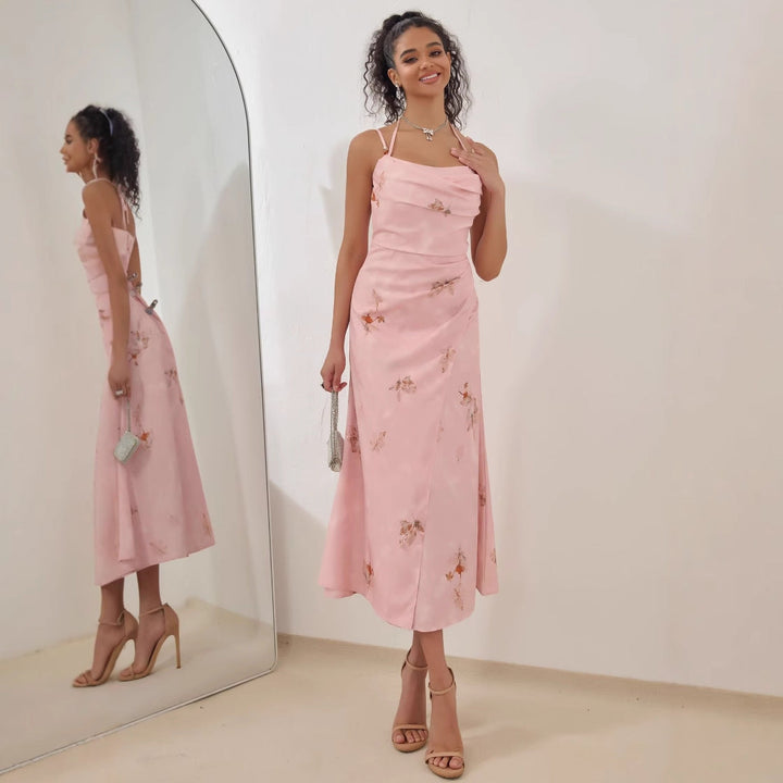 Women’s A-Line Dress – Embroidered Floral – Spaghetti Strap – Draped Neck – Midi Length