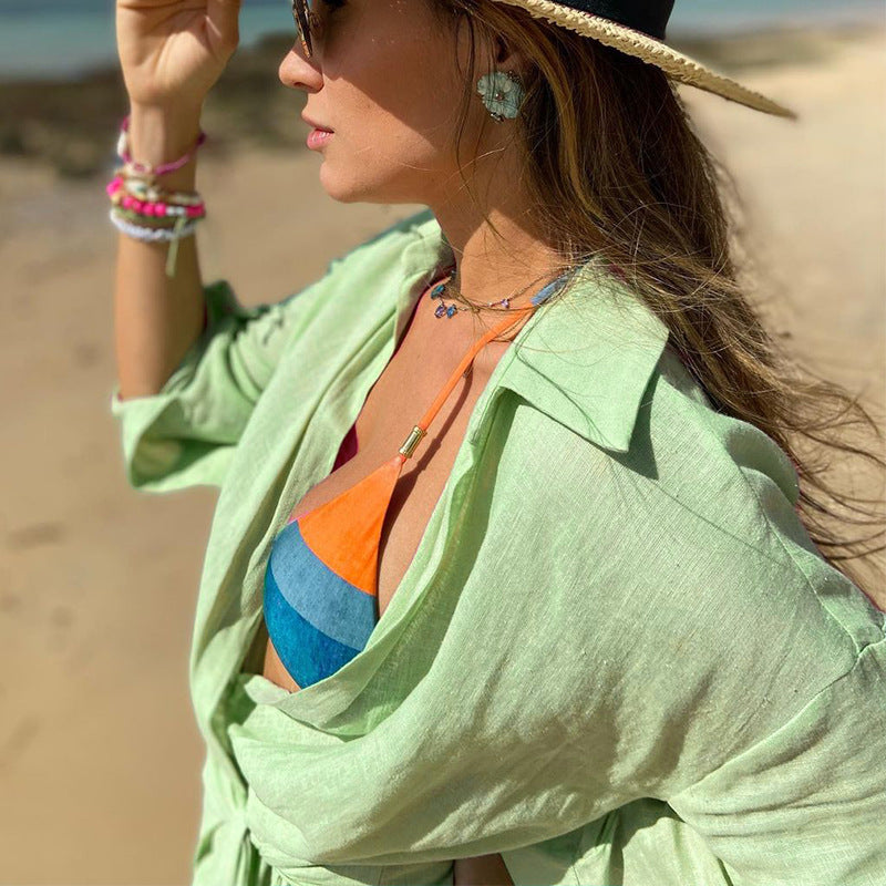 Women’s Wrap Dress – Natural Fibers – Adjustable Fit – Long Sleeve – Collared V-Neck