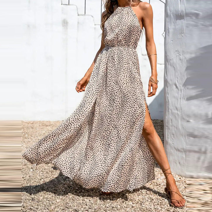 Women’s Maxi Dress - Halter Neck - Sleeveless - Flowing Fit with Waist Cinch - Side Slit