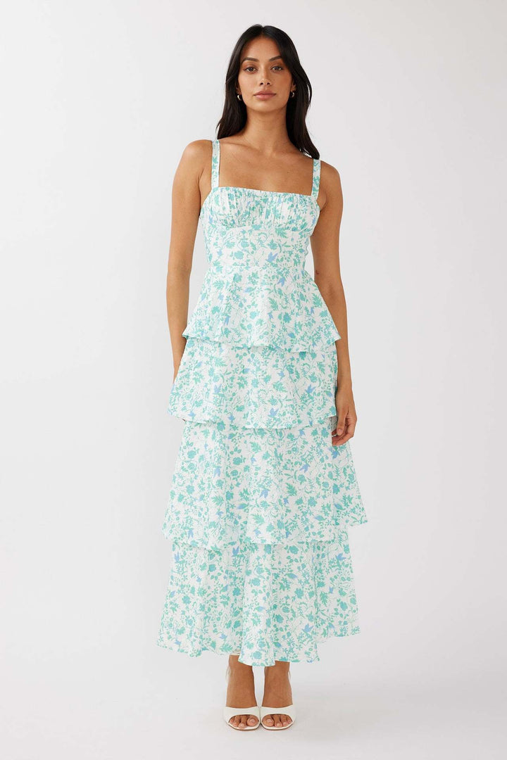Women’s Maxi Dress - Tiered Ruffle Skirt - Square Neckline - Fitted Waist - Floral Print