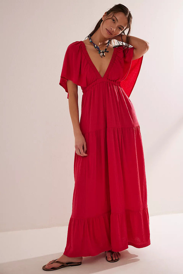 Women’s Maxi Dress – Deep V-Neck – Empire Waist – Side Slit – Lightweight Flowy Fit