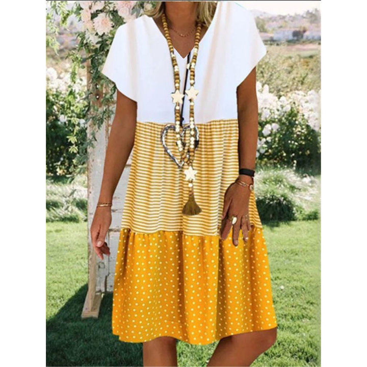 Women’s Midi Dress – V-Neck – Short Sleeve – Relaxed Fit – Layered Boho Style – Breathable Blend