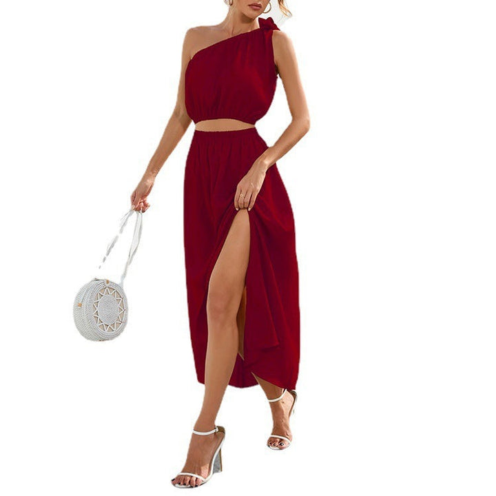 Women’s Two-Piece Set – One Shoulder Top – Side Slit Skirt – Flowy Fit