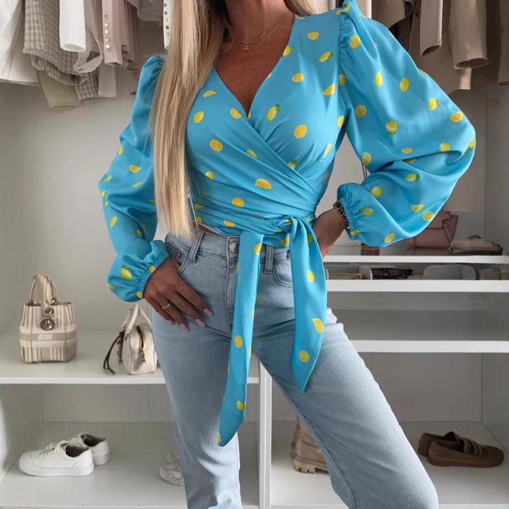 Women’s Wrap Top – Deep V-Neck – Long Sleeve – Tie Waist – Lightweight Printed Fabric