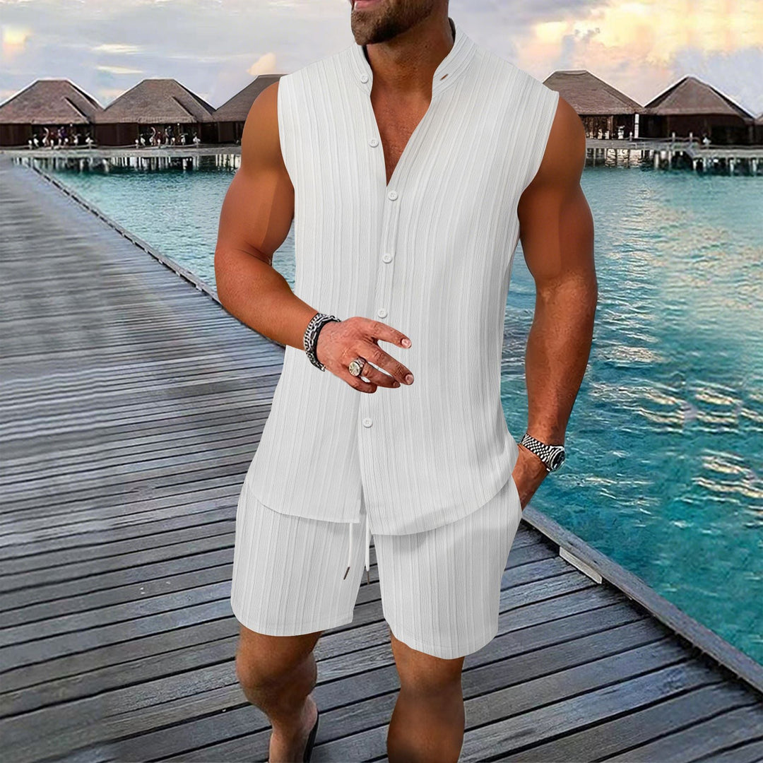 Men’s Shirt and Short Set – Sleeveless – Relaxed Fit – Button-Up – Linen – Mandarin Collar
