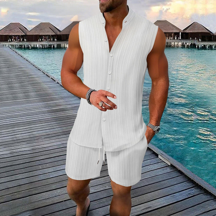 Men’s Shirt and Short Set – Sleeveless – Relaxed Fit – Button-Up – Linen – Mandarin Collar