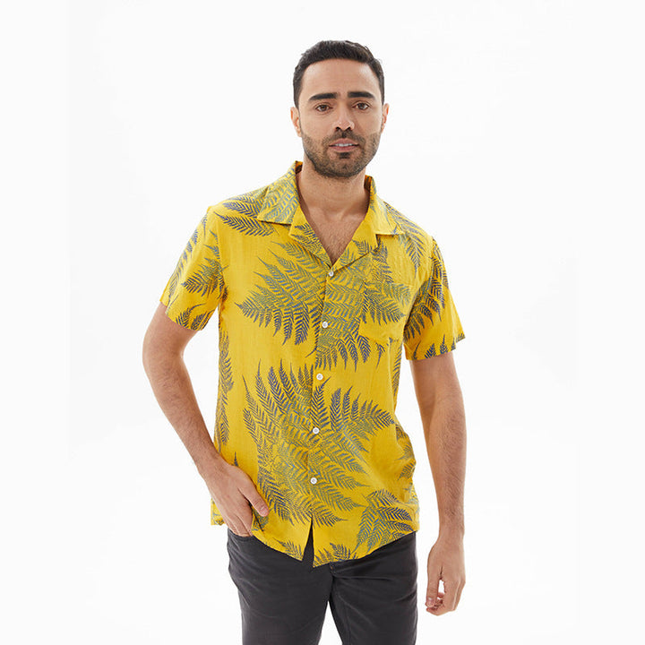 Men’s Short Sleeve Shirt - Relaxed Fit - Leaf Print - Cuban Collar - Lightweight Casual Wear